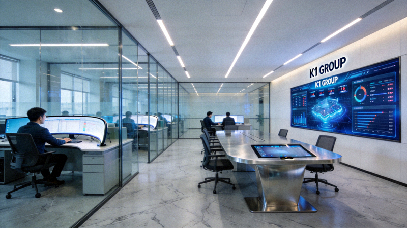 k1集团办公环境实拍图，体现专业与科技感
